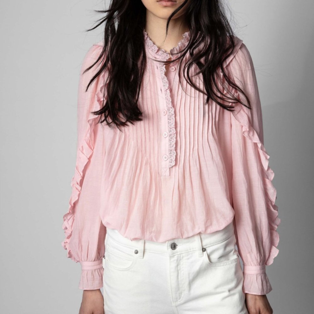 NWT $378 Zadig & Voltaire Timmy Tomboy Ruffled Tunic Blouse Shirt PINK